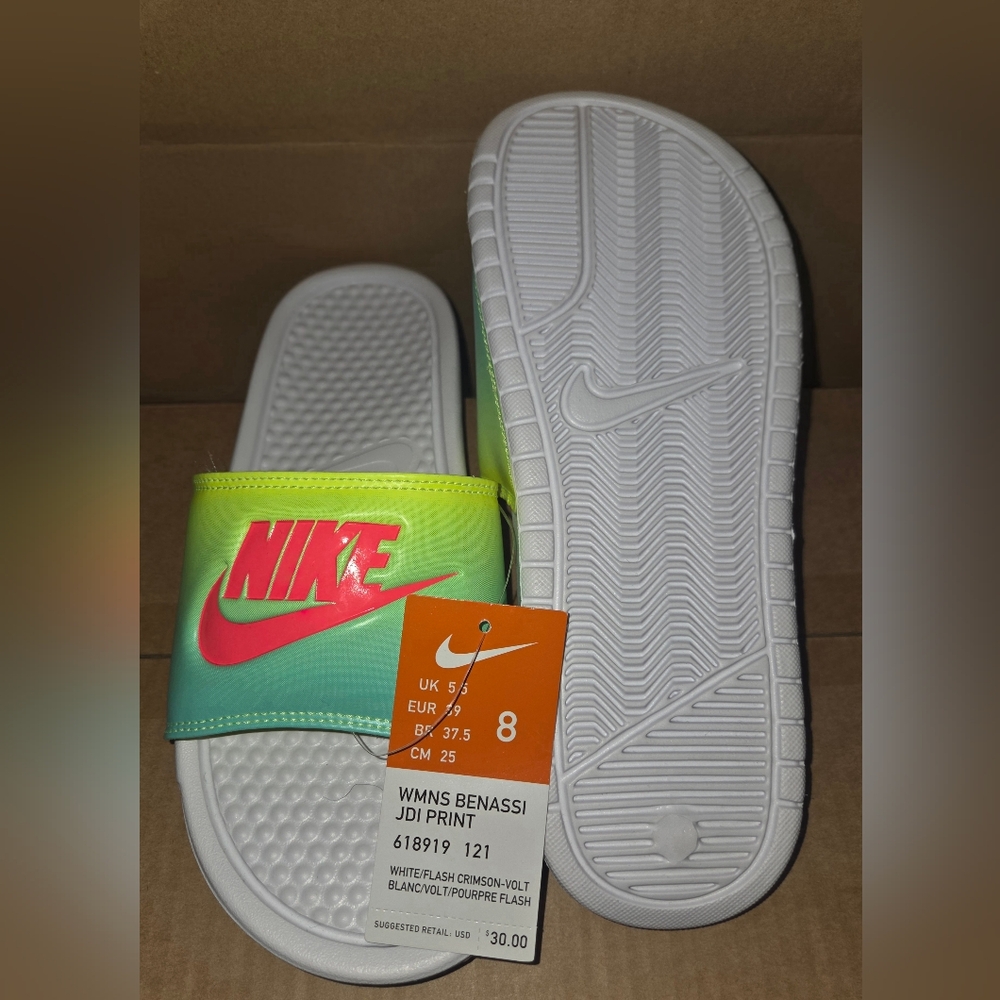 Nike Women’s Size 8 Benassi Slides Flash Crimson-Volt - Picture 3 of 4